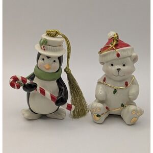 Lenox Very Merry Penguin And Bear Tangled In Lights Christmas Ornaments